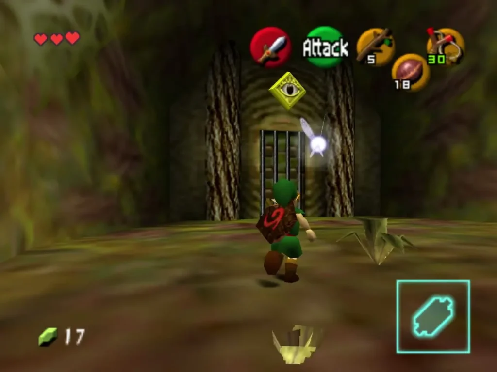 Link in front of the barred door, with the painted eye switch above Link in front of the barred door, with the painted eye switch above
