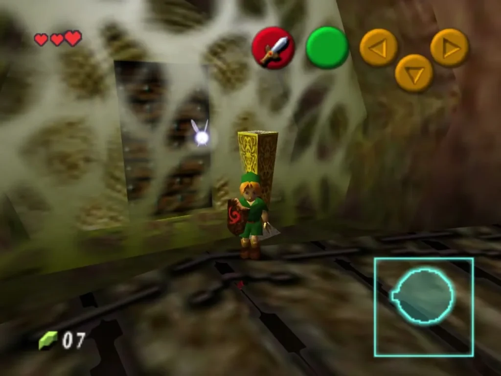Link on the far side of the upper floor beside a golden torch Link on the far side of the upper floor beside a golden torch