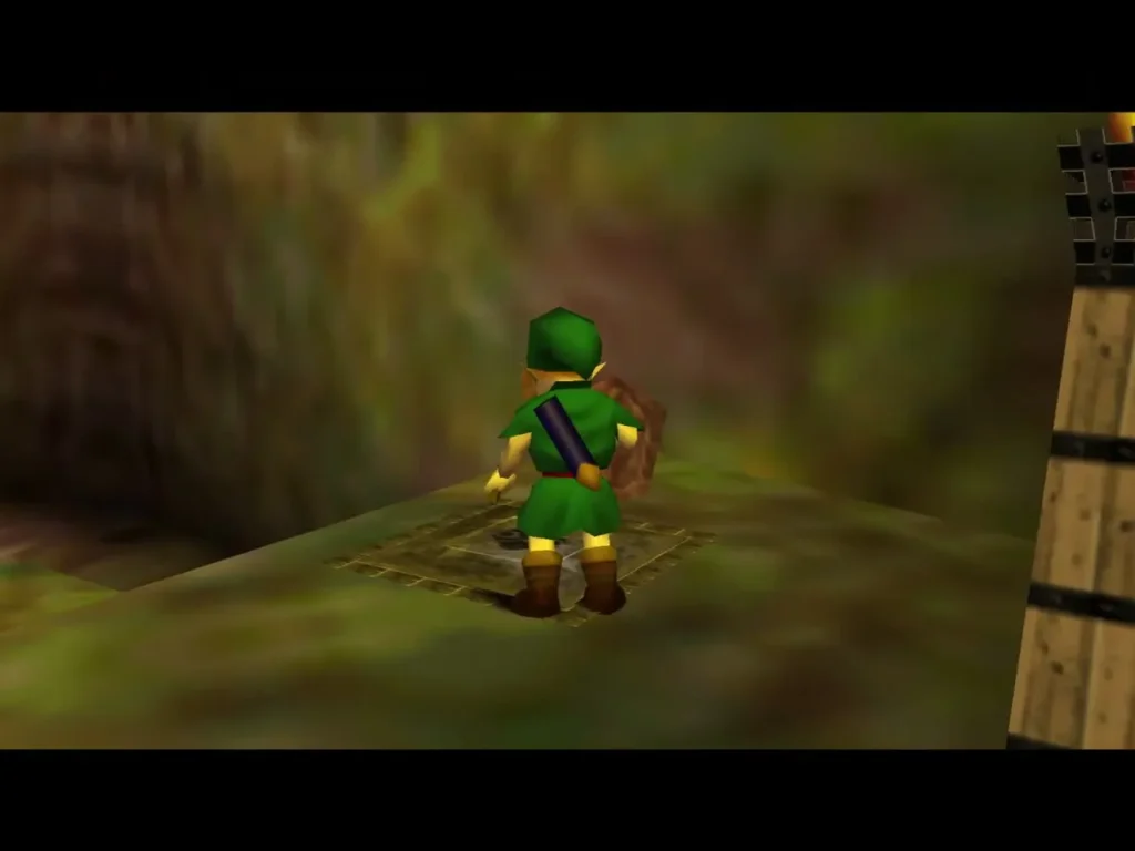 Link stepping onto the floor switch beside the wooden pillar Link stepping onto the floor switch beside the wooden pillar