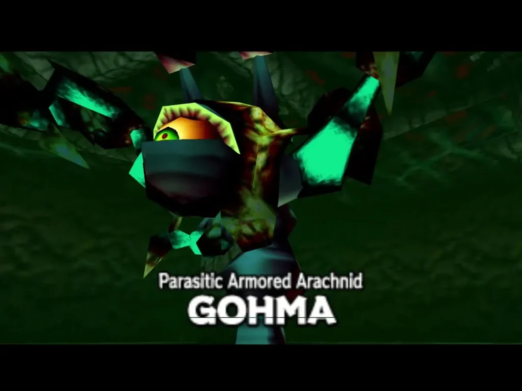 Gohma boss title card over the armored arachnid in the Deku Tree Gohma boss title card over the armored arachnid in the Deku Tree