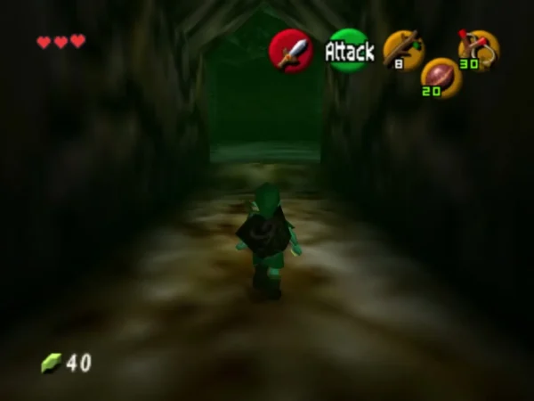 Link walking down a dim corridor toward the green Gohma chamber door Link walking down a dim corridor toward the green Gohma chamber door