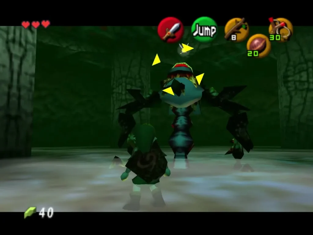 Link locked onto Gohma as it drops down to the arena floor Link locked onto Gohma as it drops down to the arena floor
