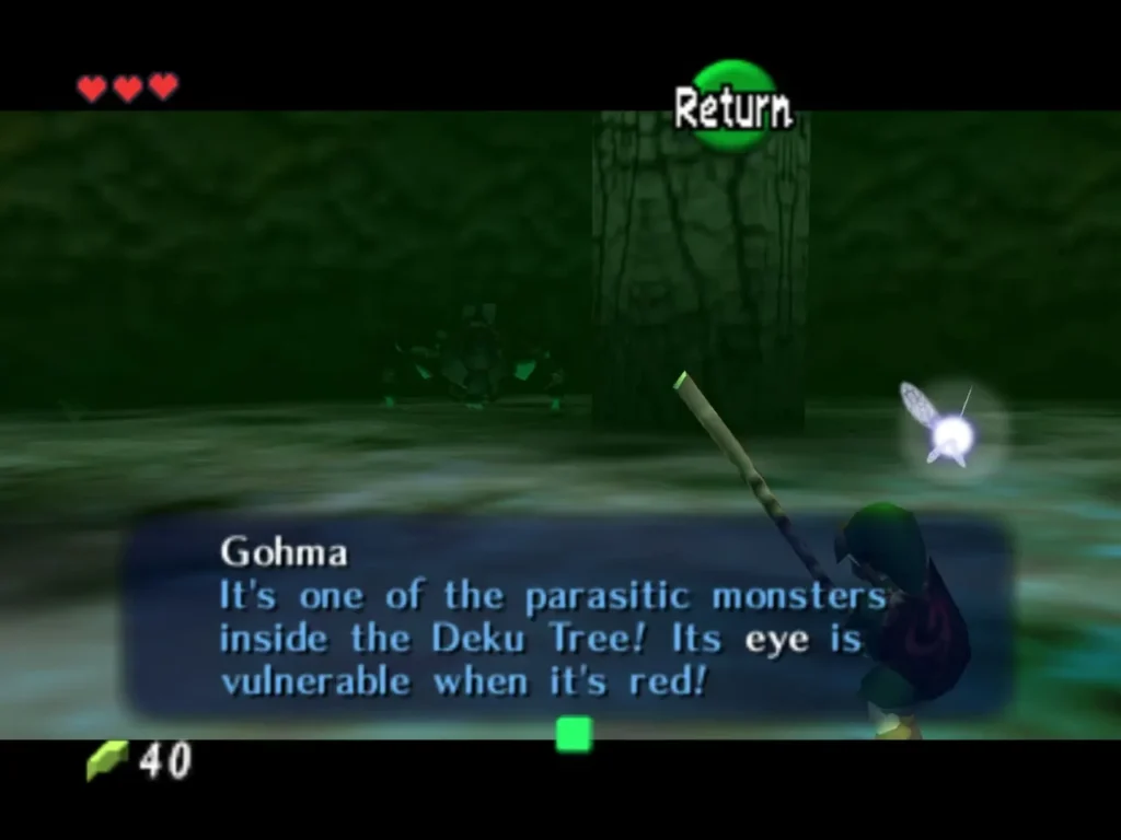 Gohma text box warning that its eye is vulnerable when it turns red Gohma text box warning that its eye is vulnerable when it turns red