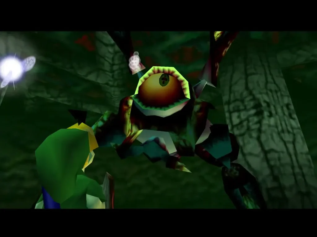 Gohma hanging from the arena ceiling with Navi nearby Gohma hanging from the arena ceiling with Navi nearby