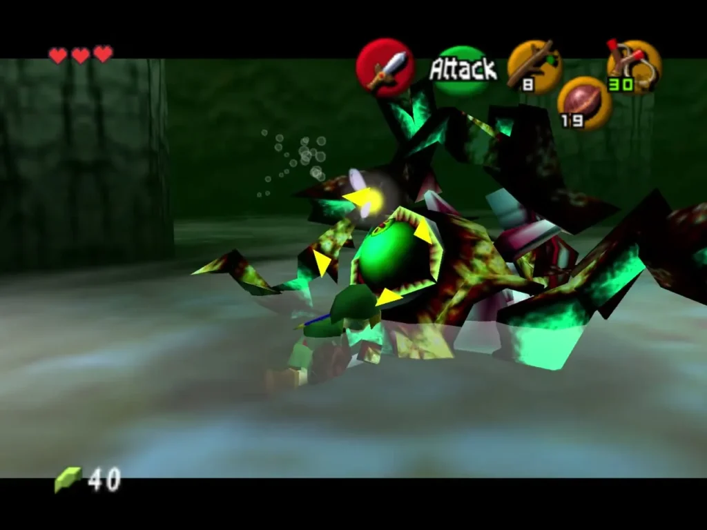 Link slashing at Gohma on the arena floor with his sword Link slashing at Gohma on the arena floor with his sword