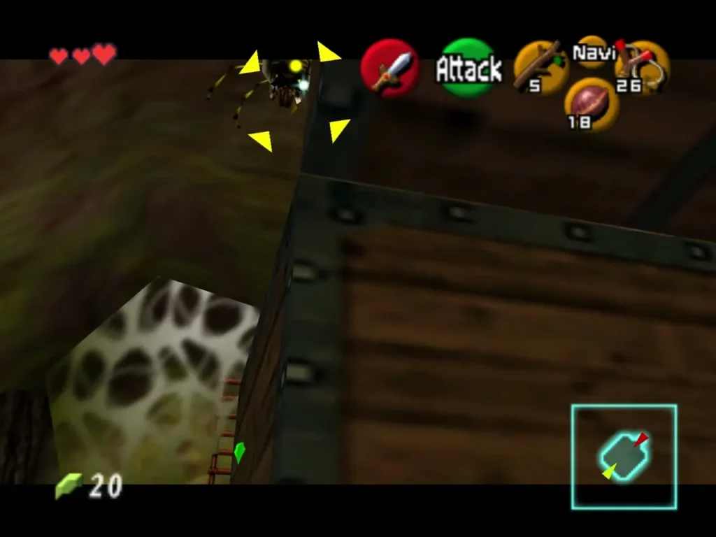 A Gold Skulltula clinging to the wall beside the chest with its target marker on it A Gold Skulltula clinging to the wall beside the chest with its target marker on it