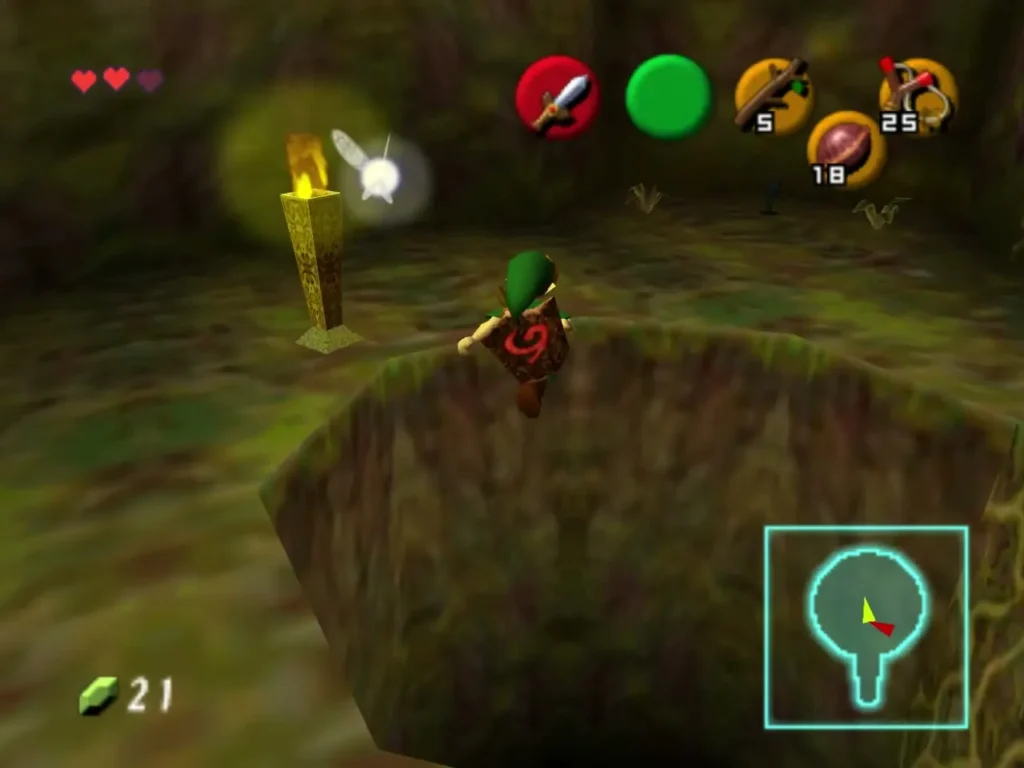 Link standing at the edge of the opened hole in the floor beside a golden torch Link standing at the edge of the opened hole in the floor beside a golden torch