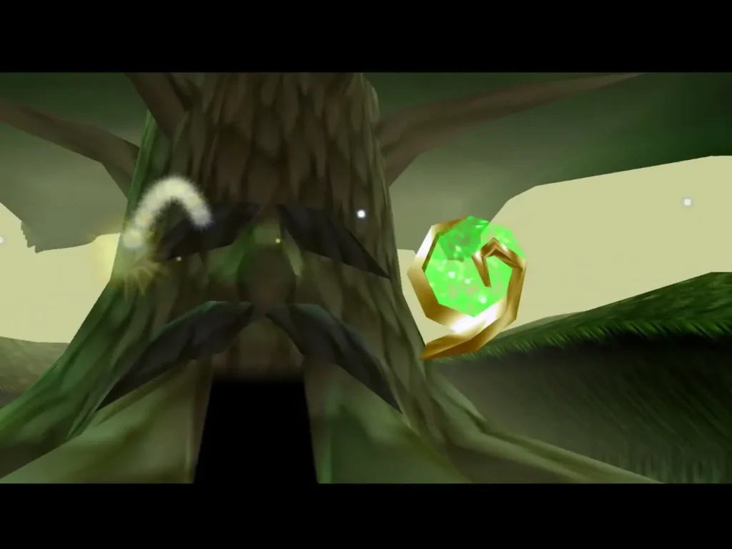 Kokiri's Emerald floating beside the Great Deku Tree Kokiri's Emerald floating beside the Great Deku Tree