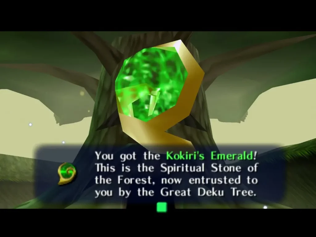 Kokiri's Emerald item box naming it the Spiritual Stone of the Forest Kokiri's Emerald item box naming it the Spiritual Stone of the Forest