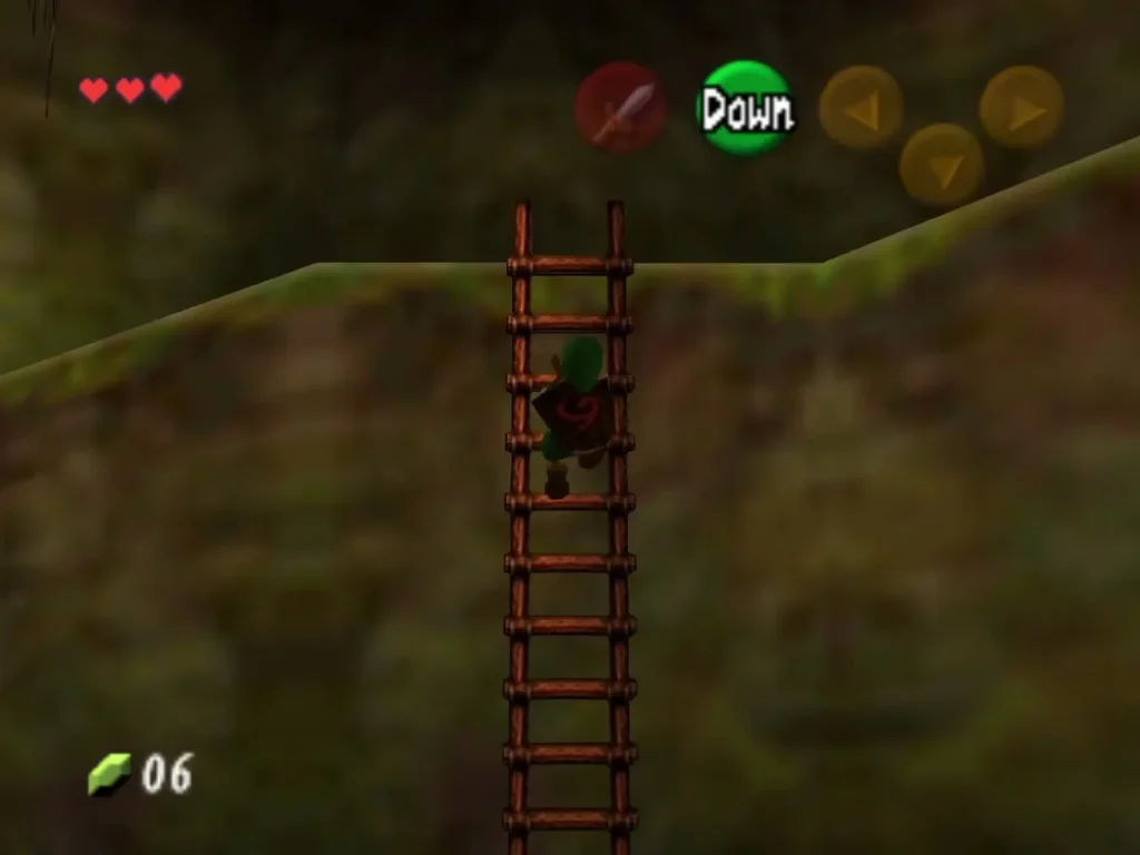 Link climbing the wooden ladder toward the walkway Link climbing the wooden ladder toward the walkway