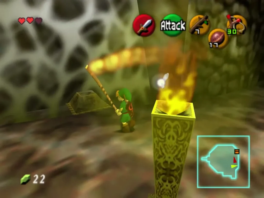 Link lighting a golden torch with a flaming Deku Stick Link lighting a golden torch with a flaming Deku Stick