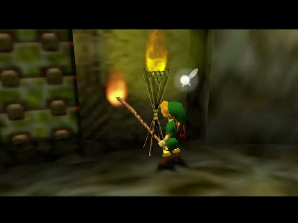 Link holding a lit Deku Stick up to a torch beside the sealed door Link holding a lit Deku Stick up to a torch beside the sealed door