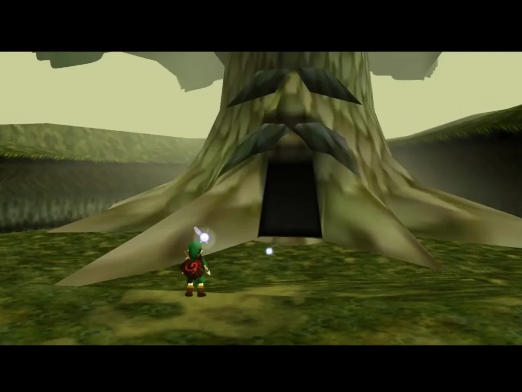 Link standing before the Great Deku Tree's open mouth with a fairy beside him Link standing before the Great Deku Tree's open mouth with a fairy beside him
