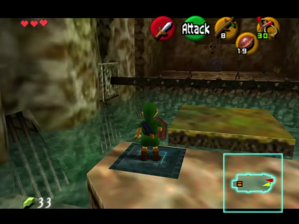 Link standing on the blue floor switch at the edge of the water Link standing on the blue floor switch at the edge of the water