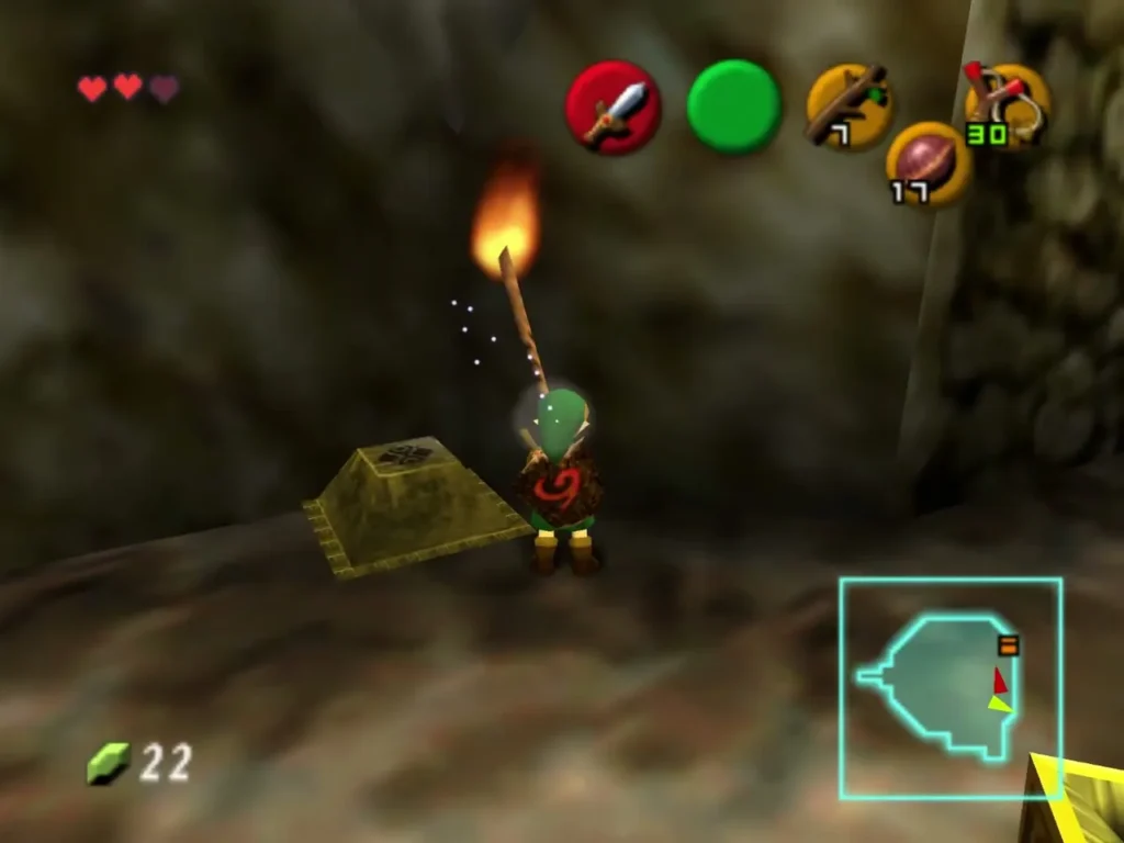 Link holding a lit Deku Stick beside a stone switch pedestal Link holding a lit Deku Stick beside a stone switch pedestal