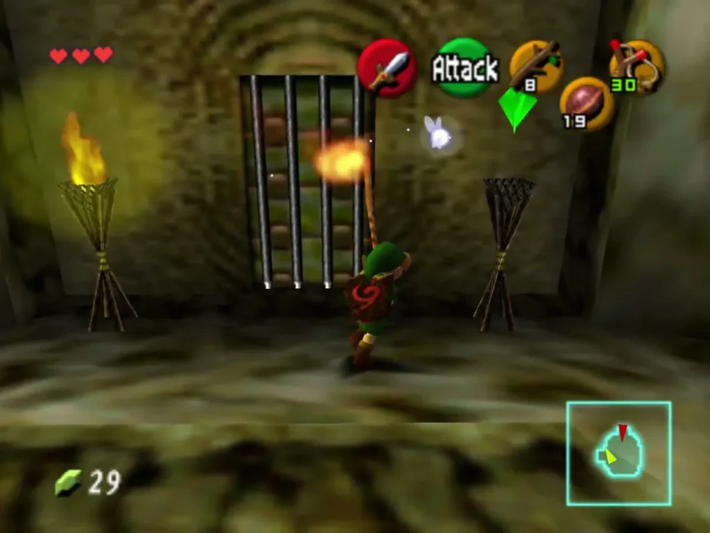 Link with a lit Deku Stick in front of the barred door, one torch already burning beside it Link with a lit Deku Stick in front of the barred door, one torch already burning beside it