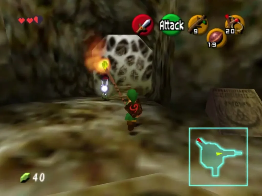 Link holding a lit Deku Stick up to the web on the west wall Link holding a lit Deku Stick up to the web on the west wall