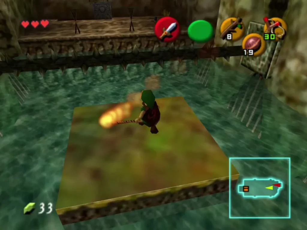Link on the floating wooden platform with a lit Deku Stick under the spiked log Link on the floating wooden platform with a lit Deku Stick under the spiked log
