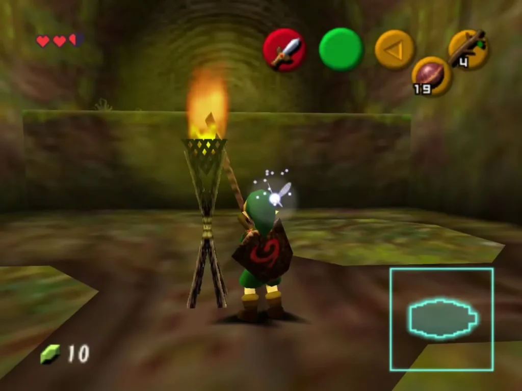 Link beside a lit tripod torch with a fairy nearby Link beside a lit tripod torch with a fairy nearby
