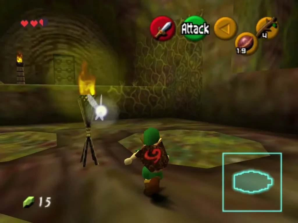 Link walking past a lit tripod torch in the stone cave Link walking past a lit tripod torch in the stone cave