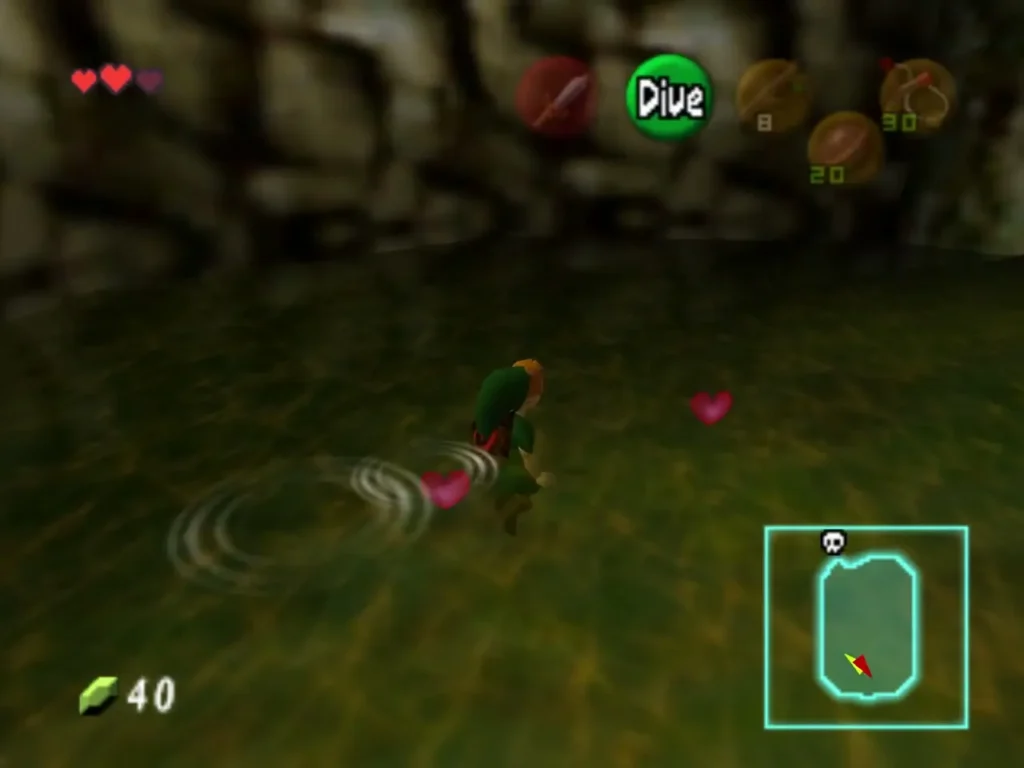 Link in the water of the lowest room with hearts floating nearby Link in the water of the lowest room with hearts floating nearby
