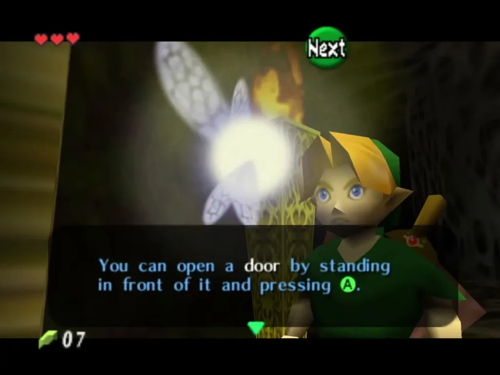 Navi text box explaining that a door opens when you press A in front of it Navi text box explaining that a door opens when you press A in front of it