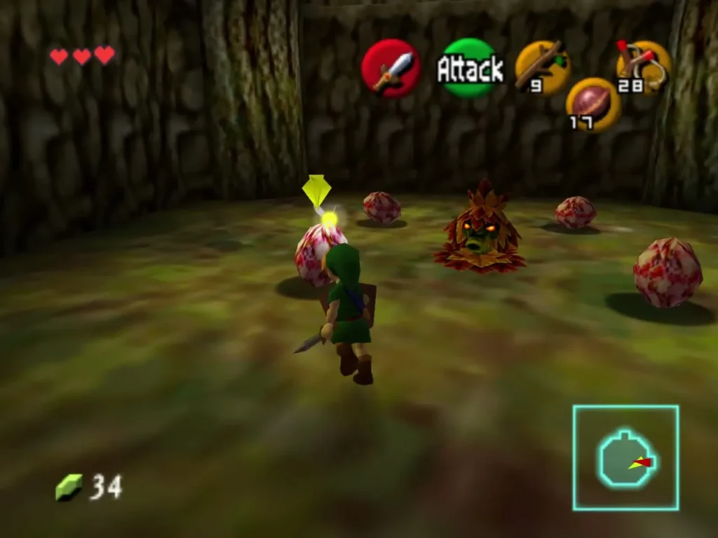 Link in the egg room with pink eggs scattered across the floor around him Link in the egg room with pink eggs scattered across the floor around him