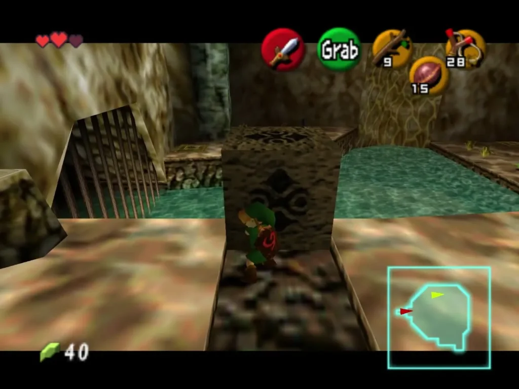Link pushing the stone block toward the water on the lower level Link pushing the stone block toward the water on the lower level