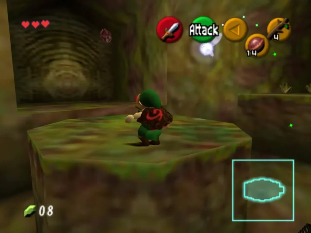 Link standing on a raised stone platform above the cave floor Link standing on a raised stone platform above the cave floor