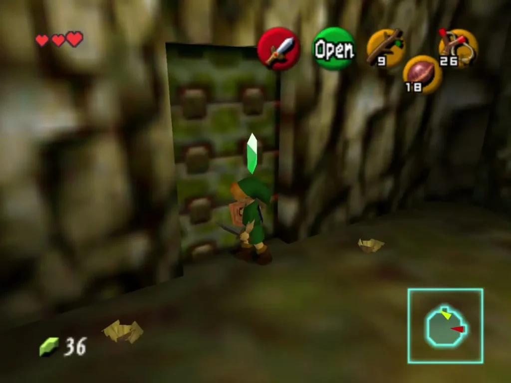 Link beside the mossy stone door as it opens, a green Rupee above his head Link beside the mossy stone door as it opens, a green Rupee above his head