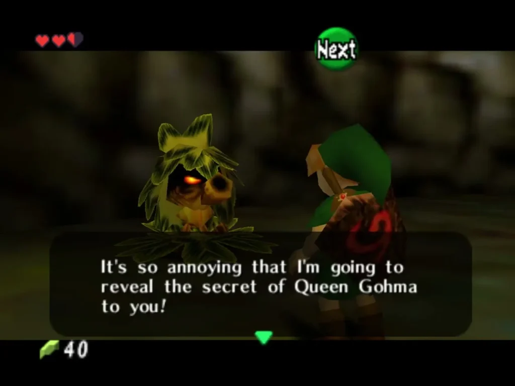 Deku Scrub in a full dialogue box about the secret of Queen Gohma Deku Scrub in a full dialogue box about the secret of Queen Gohma