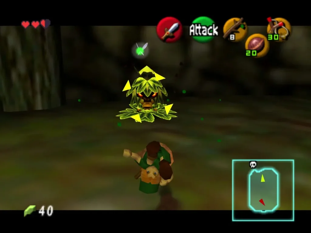 Link holding up the Deku Shield in front of a Deku Scrub Link holding up the Deku Shield in front of a Deku Scrub