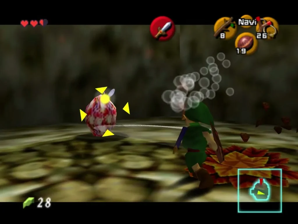 Link holding up the Deku Shield to send the Scrub nuts back Link holding up the Deku Shield to send the Scrub nuts back