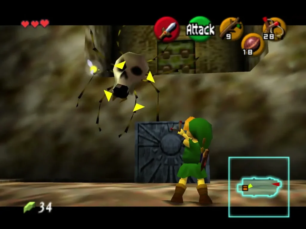 Link aiming the Slingshot at a Big Skulltula above the stone block Link aiming the Slingshot at a Big Skulltula above the stone block