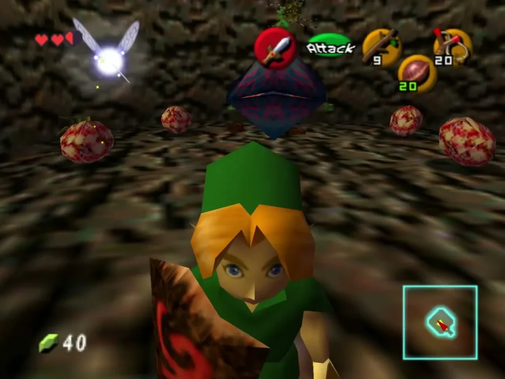A Skulltula hanging from the ceiling of the stone passage above Link A Skulltula hanging from the ceiling of the stone passage above Link