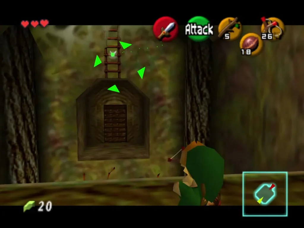 Link aiming the Slingshot at the rolled-up ladder above the door Link aiming the Slingshot at the rolled-up ladder above the door