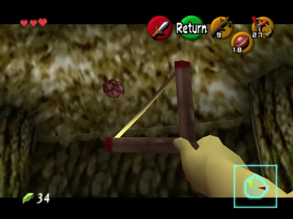 Link aiming the Slingshot up at a Gohma egg hanging from the ceiling Link aiming the Slingshot up at a Gohma egg hanging from the ceiling