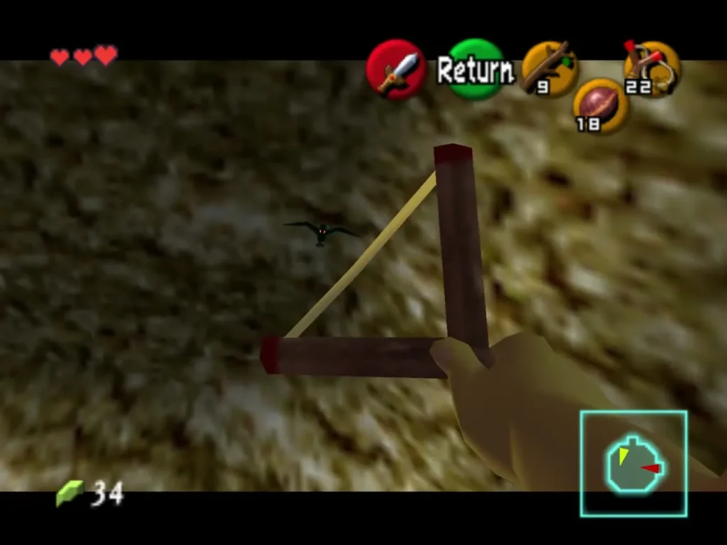 Link aiming the Slingshot up at a Keese near the ceiling Link aiming the Slingshot up at a Keese near the ceiling