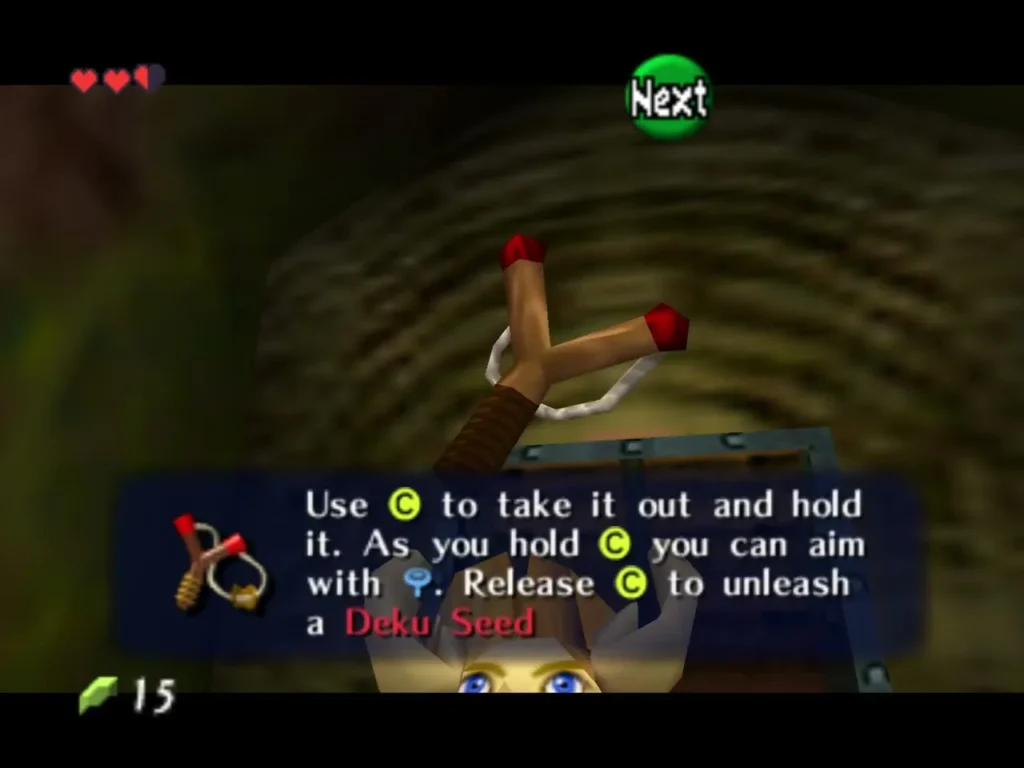 Message explaining how to aim the Fairy Slingshot and fire Deku Seeds Message explaining how to aim the Fairy Slingshot and fire Deku Seeds