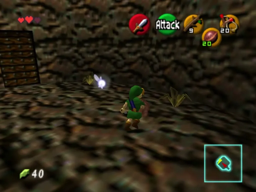 Link walking through a stone passage with spiders on the ground around him Link walking through a stone passage with spiders on the ground around him