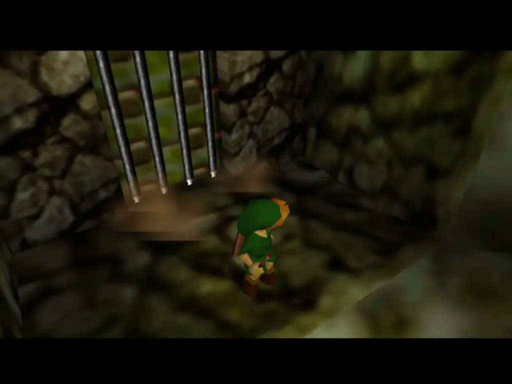 Link stepping through the opened grated door into the passage beyond Link stepping through the opened grated door into the passage beyond