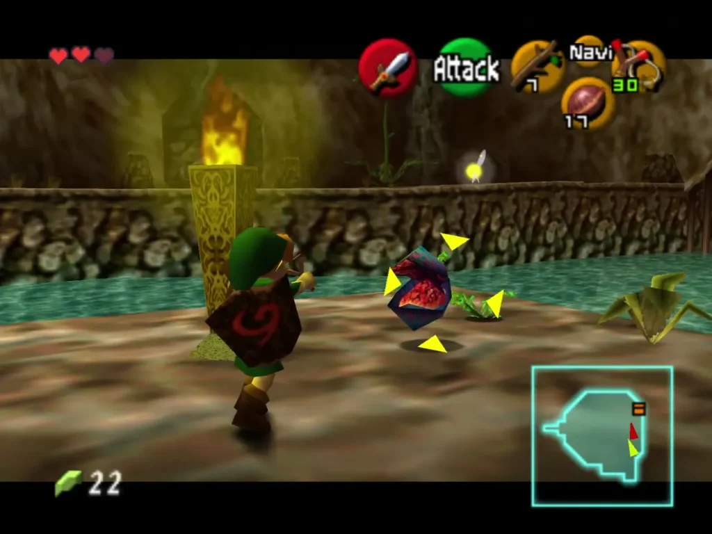 Link facing a Deku Baba near a lit golden torch on the ledge Link facing a Deku Baba near a lit golden torch on the ledge