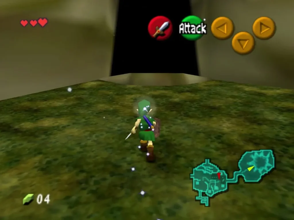 Link walking toward the dark opening of the Great Deku Tree mouth Link walking toward the dark opening of the Great Deku Tree mouth