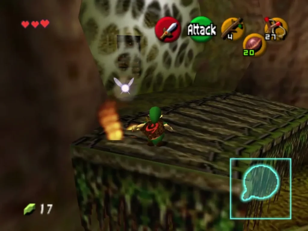 Link on the walkway carrying a lit Deku Stick Link on the walkway carrying a lit Deku Stick