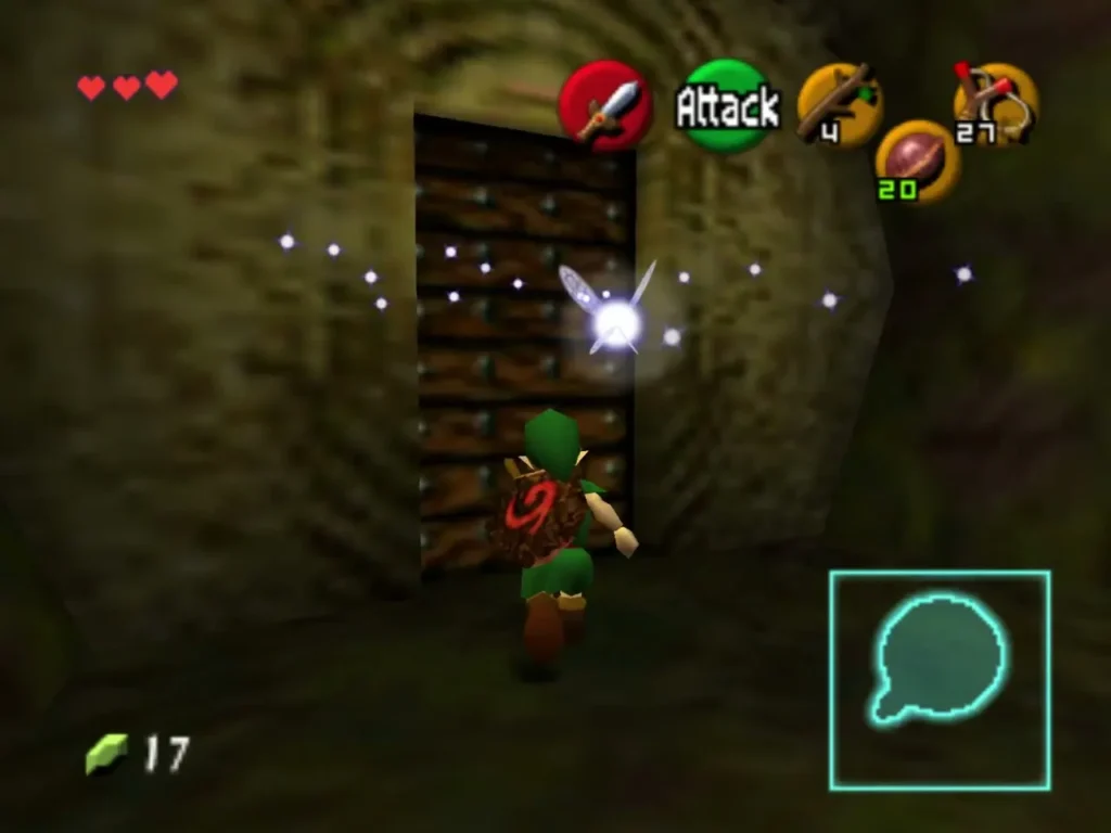 Link standing in front of the wooden door on the walkway Link standing in front of the wooden door on the walkway