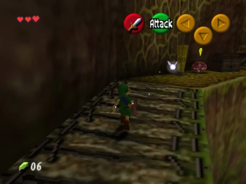 Link walking along the wooden walkway built along the Deku Tree wall Link walking along the wooden walkway built along the Deku Tree wall