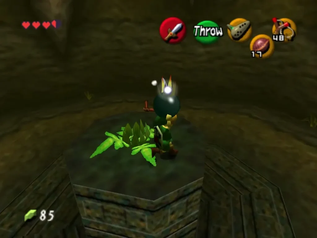 Link holding a Bomb Flower on top of the pillar, ready to throw it down