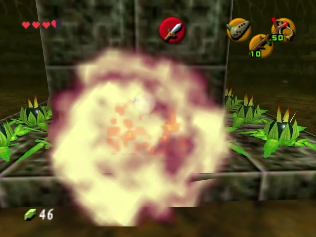Bomb Flowers exploding in a chain around the stone pillar