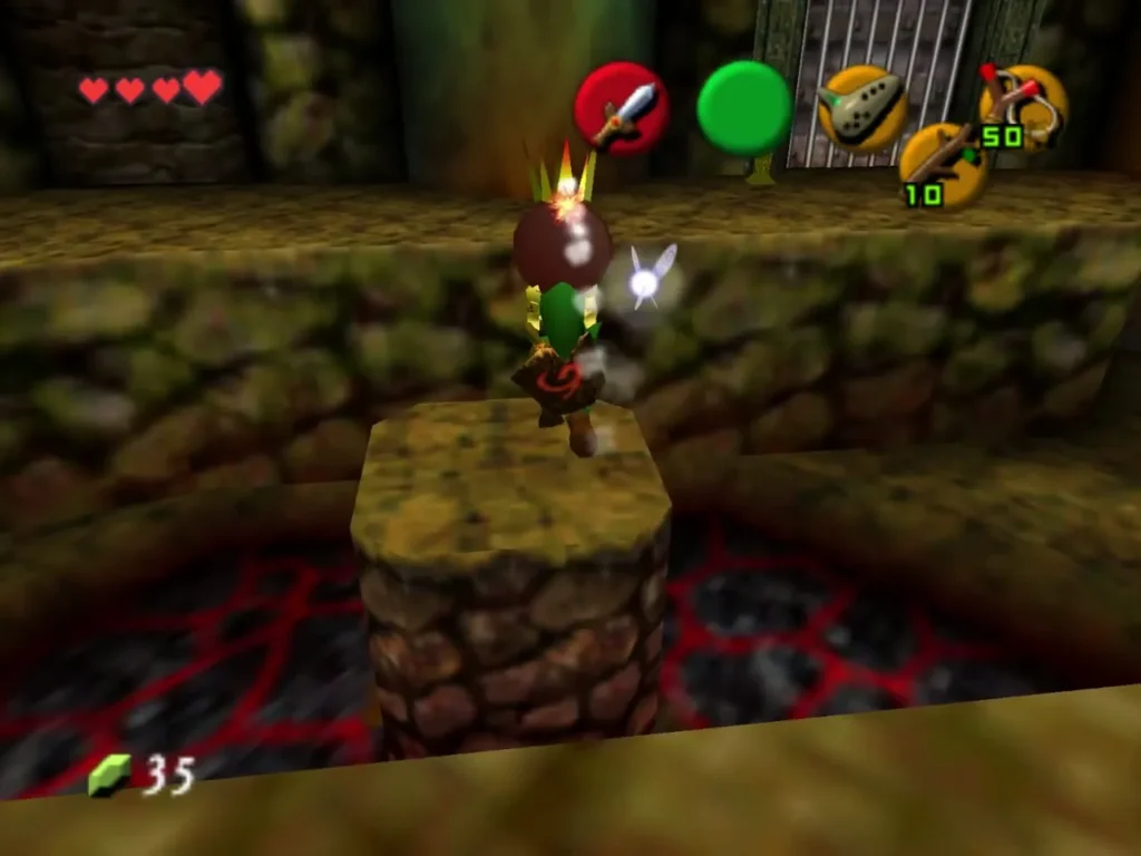 Link holding a Bomb Flower on a stone pillar above lava, barred door behind