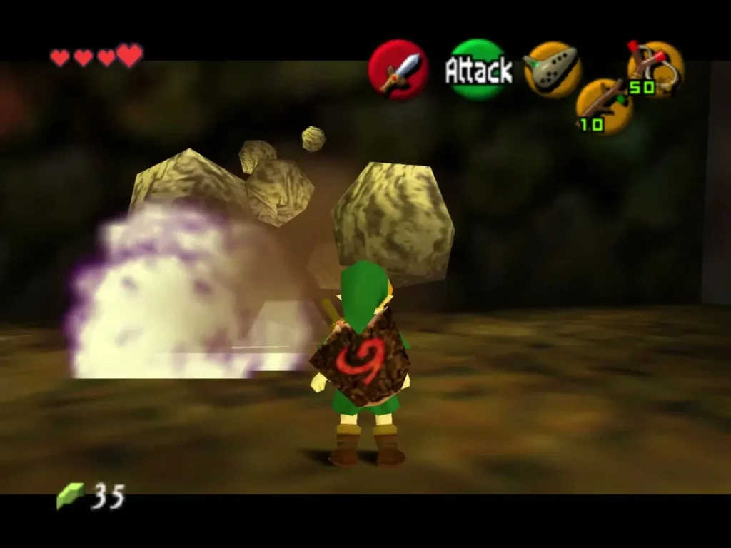 Bomb Flower blast breaking a boulder on the lower floor of Dodongo's Cavern
